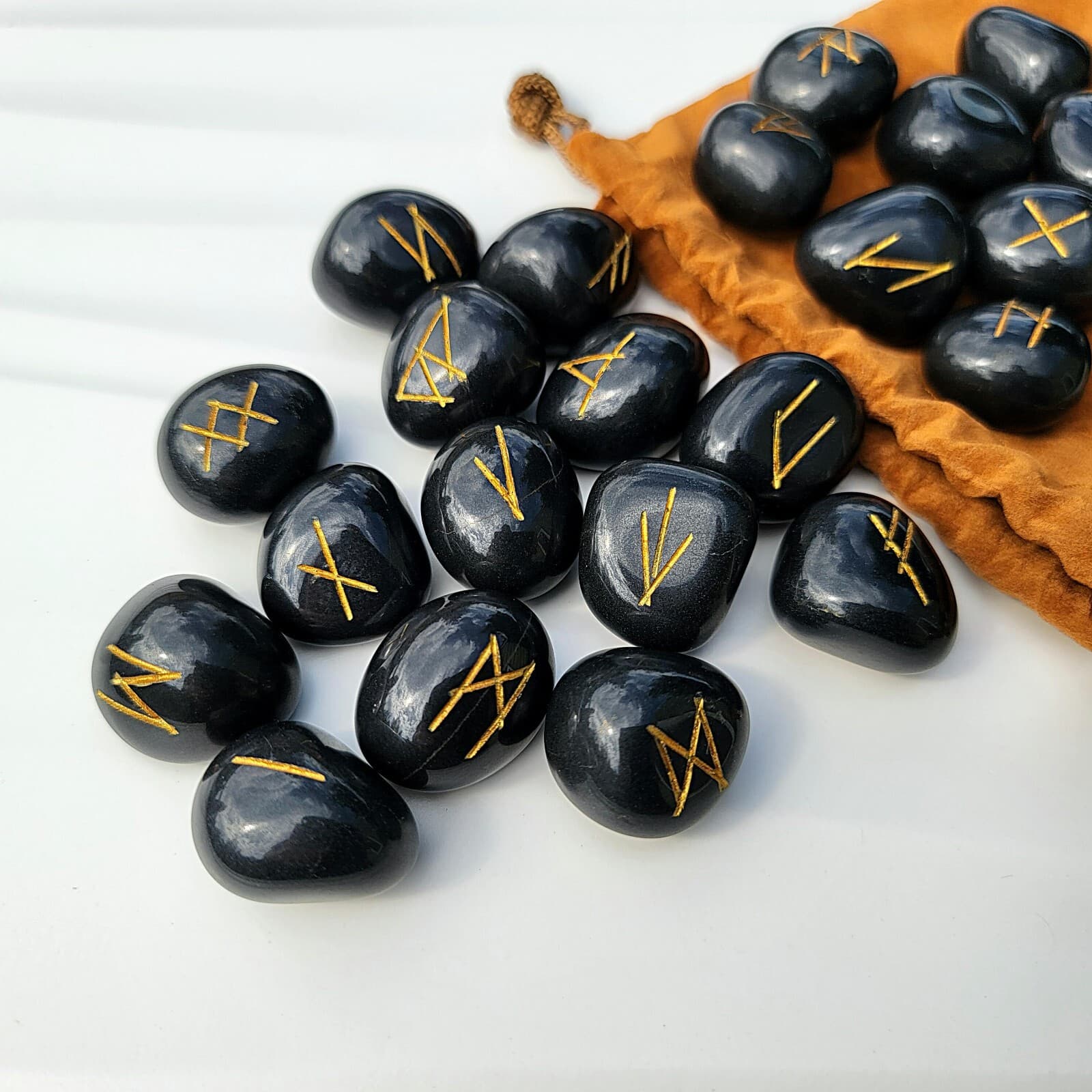 Black Agate Rune Set with Bag, Natural Gemstone, Stone Viking Runes 2