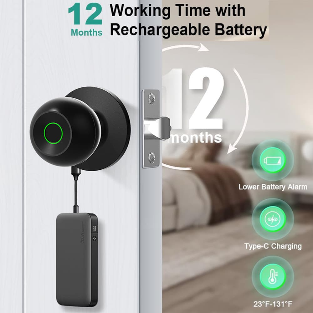 Smart Door Knob Fingerprint Door Lock Biometric Door Lock with Key & App Control 3