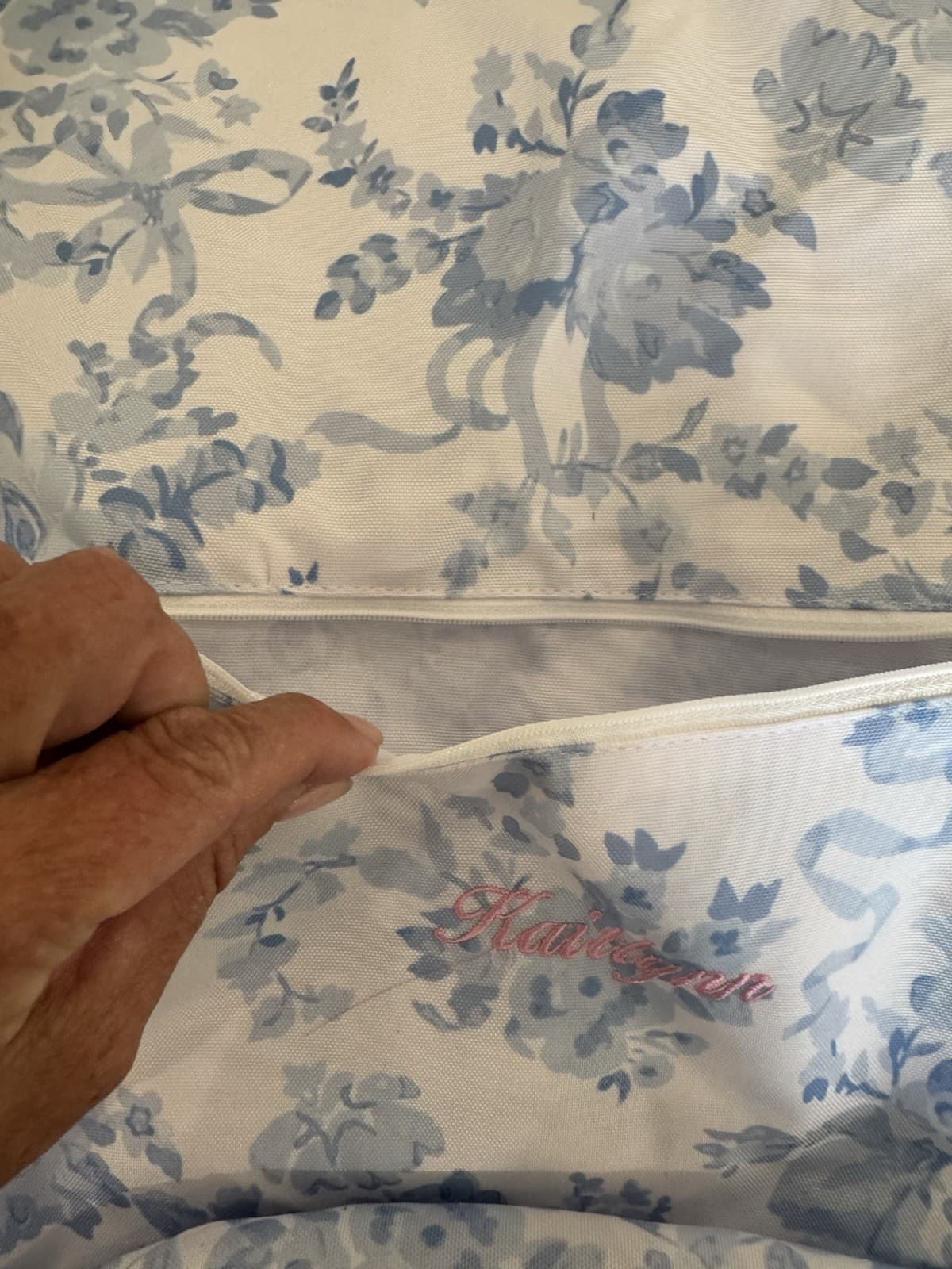 Pottery Barn LoveShackFancy Laundry Backpack XL Blue Floral Mono “Kaitlynn” Read 4