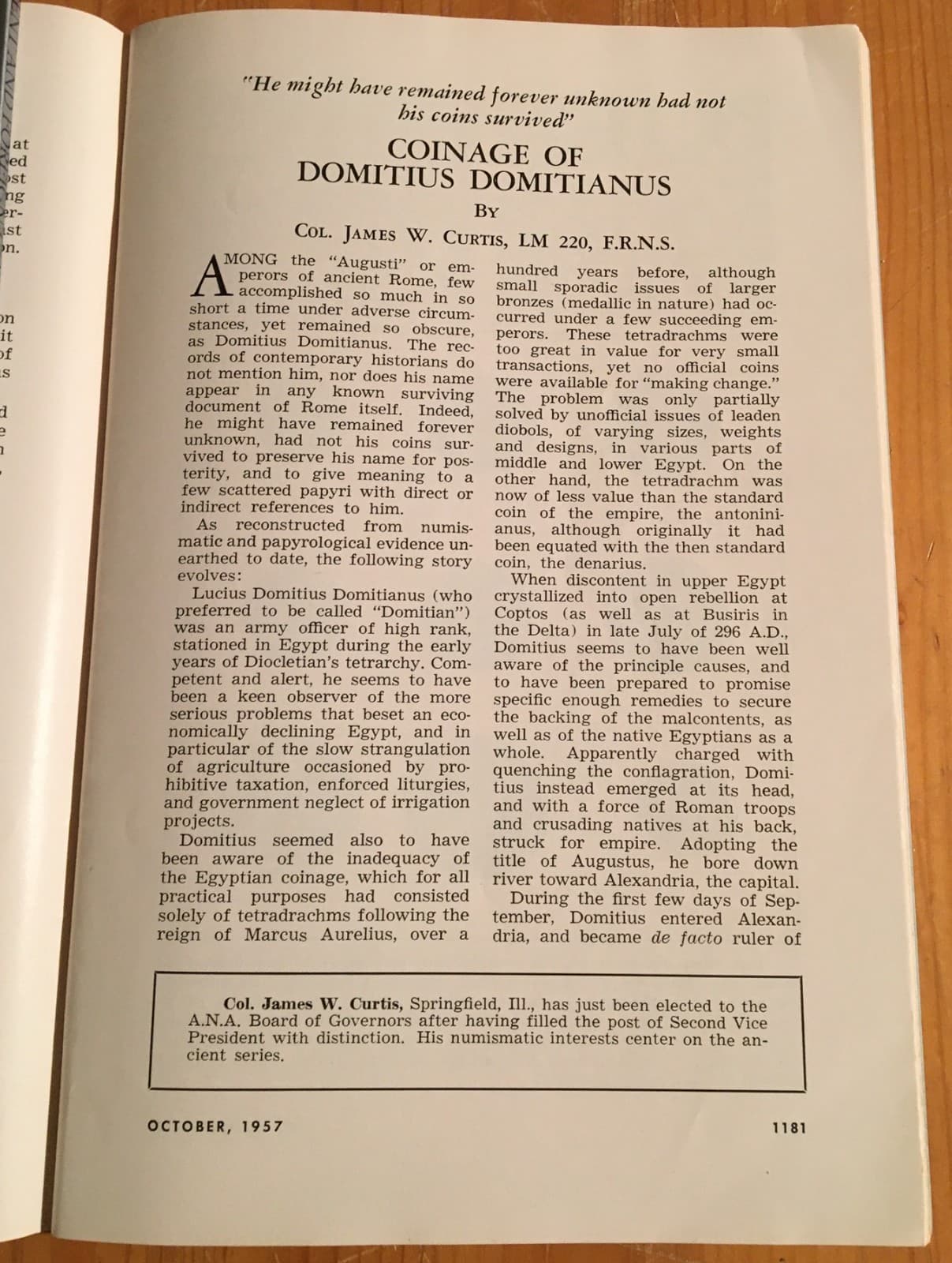"COINAGE OF DOMITIUS DOMITIANUS" OCT. 1957 ISSUE, THE NUMISMATIST - *17351129 🌈 3