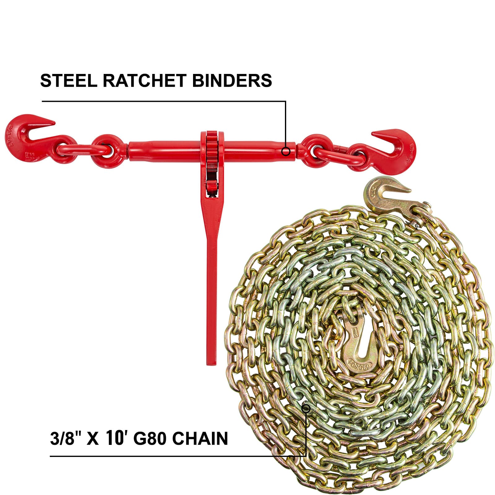 3/8"-1/2" Chain and Binder Kit Ratchet Load Binder 10FT G80 Chains Hauling 3