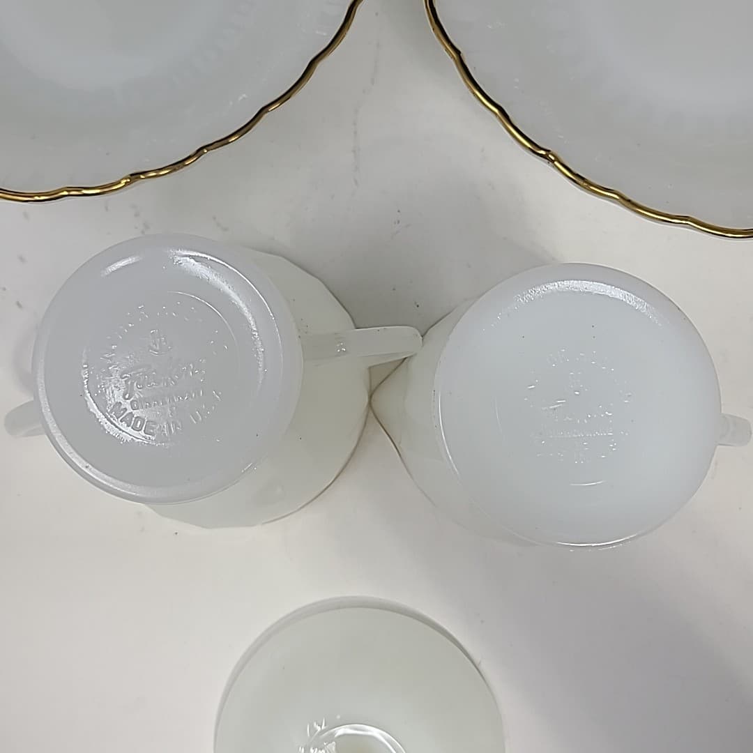 Vtg Anchor Hocking Fire King Swirl Milk Glass Creamer Sugar Platter Bowls Set 5 6