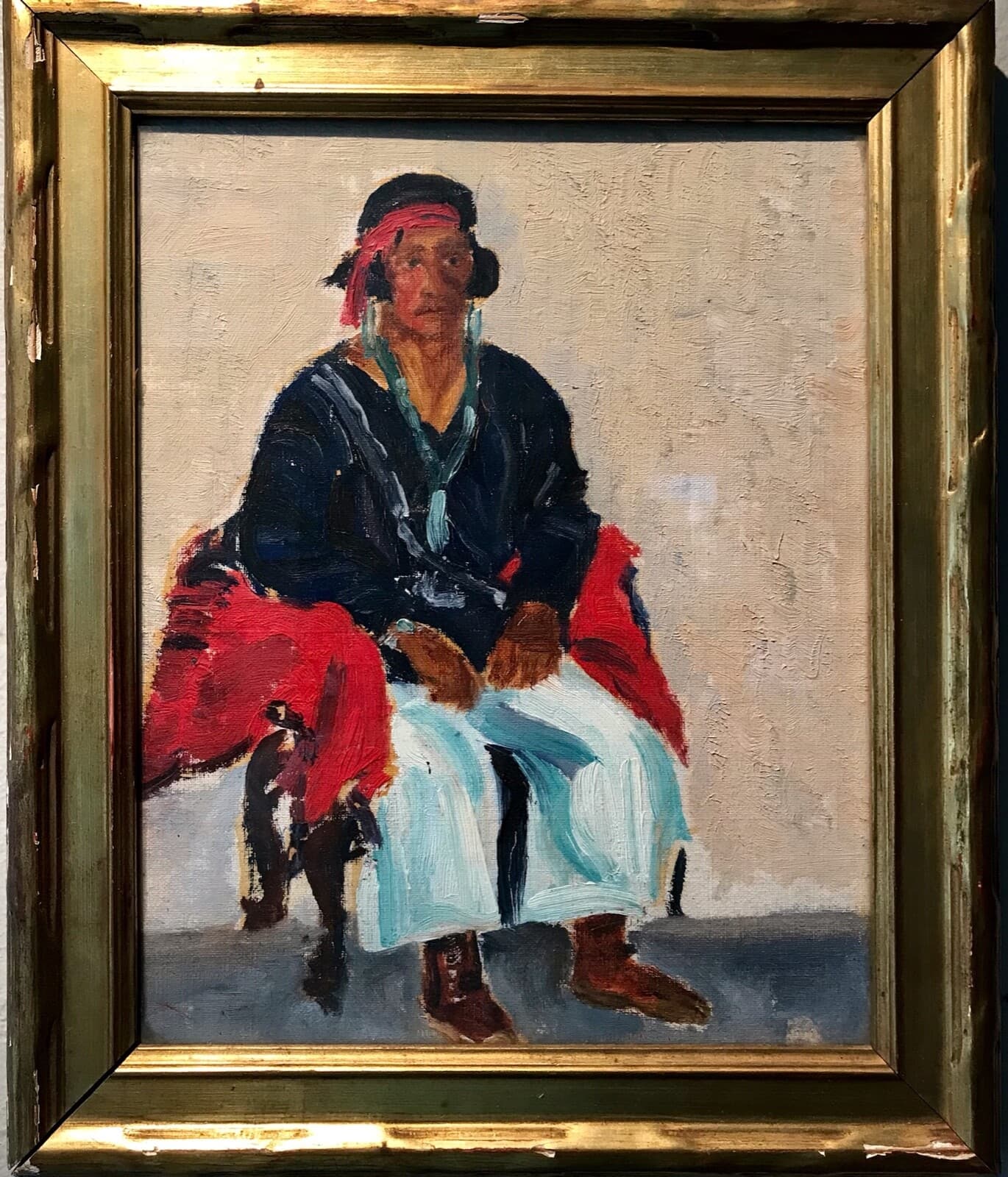 Antique SEATED NAVAJO Impressionist Oil/Board Painting,Gilt Frame,Unsigned,20thC 2