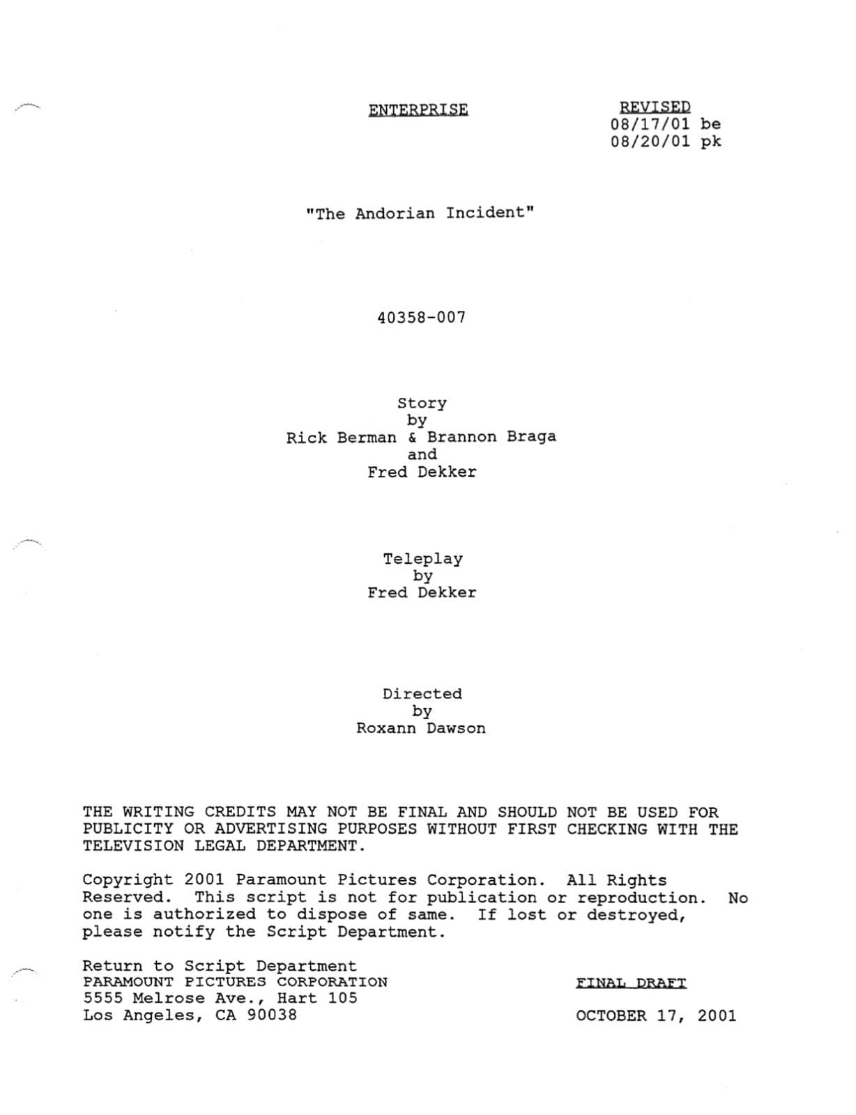 Star Trek ENTERPRISE "The Andorian Incident" Script (10/17/2001) Shran - REPRINT 3