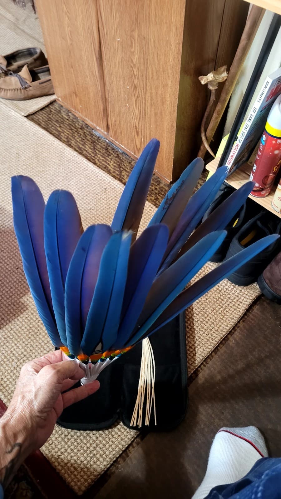 Native American Drop Fan Ceremonial Macaw Feathers Peyote Beadwork 6