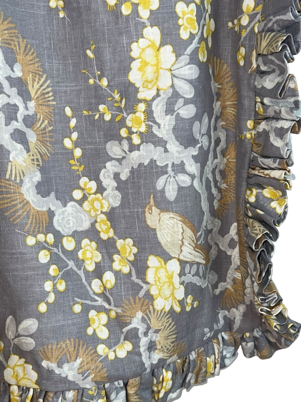 2 Handmade Pillow Shams Gray & Yellow Flowers & Birds Expensive Linen Fabric 35” 4