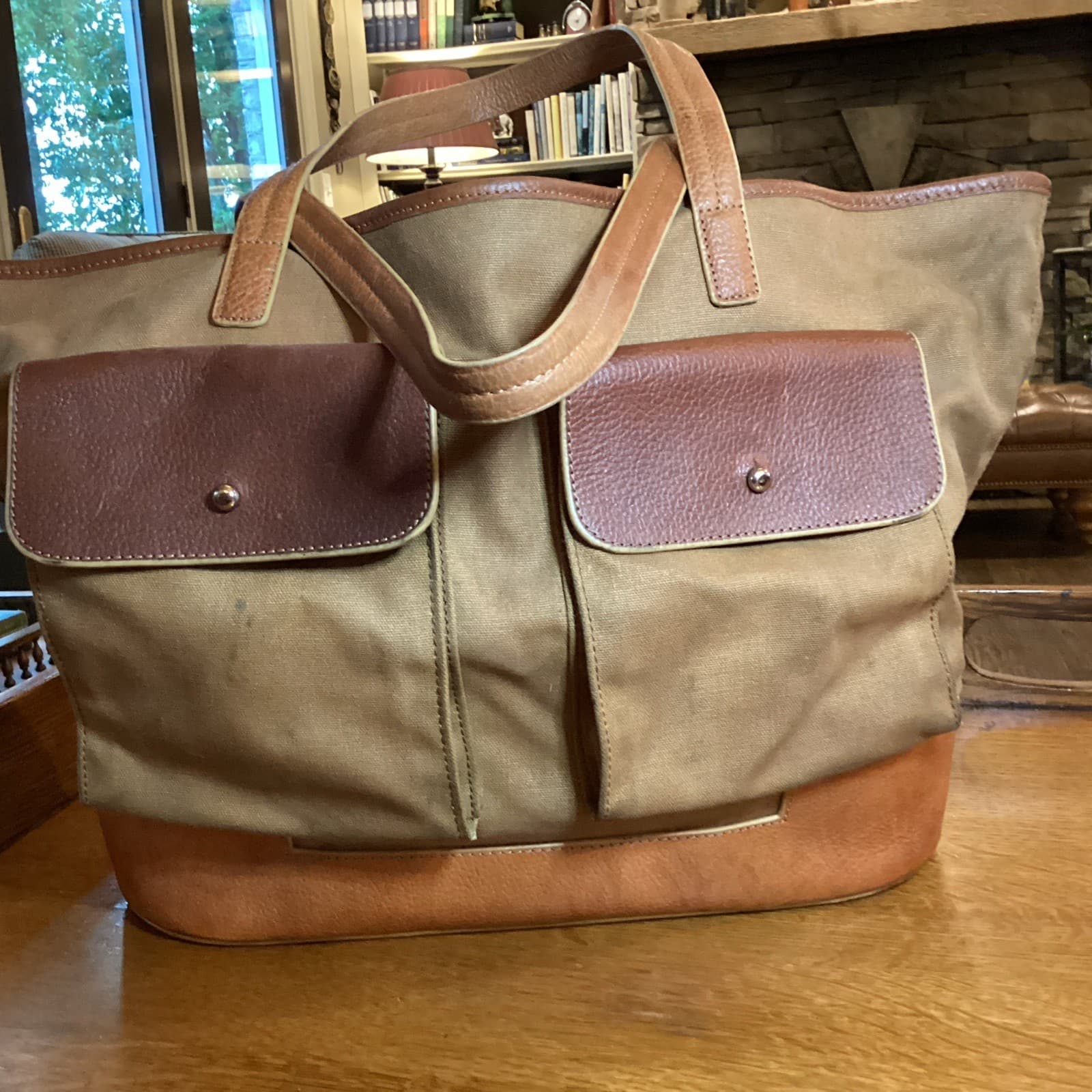 Hunter Boots Leather & Canvas Tote Bag Brown Shoulder Pockets Travel Commute