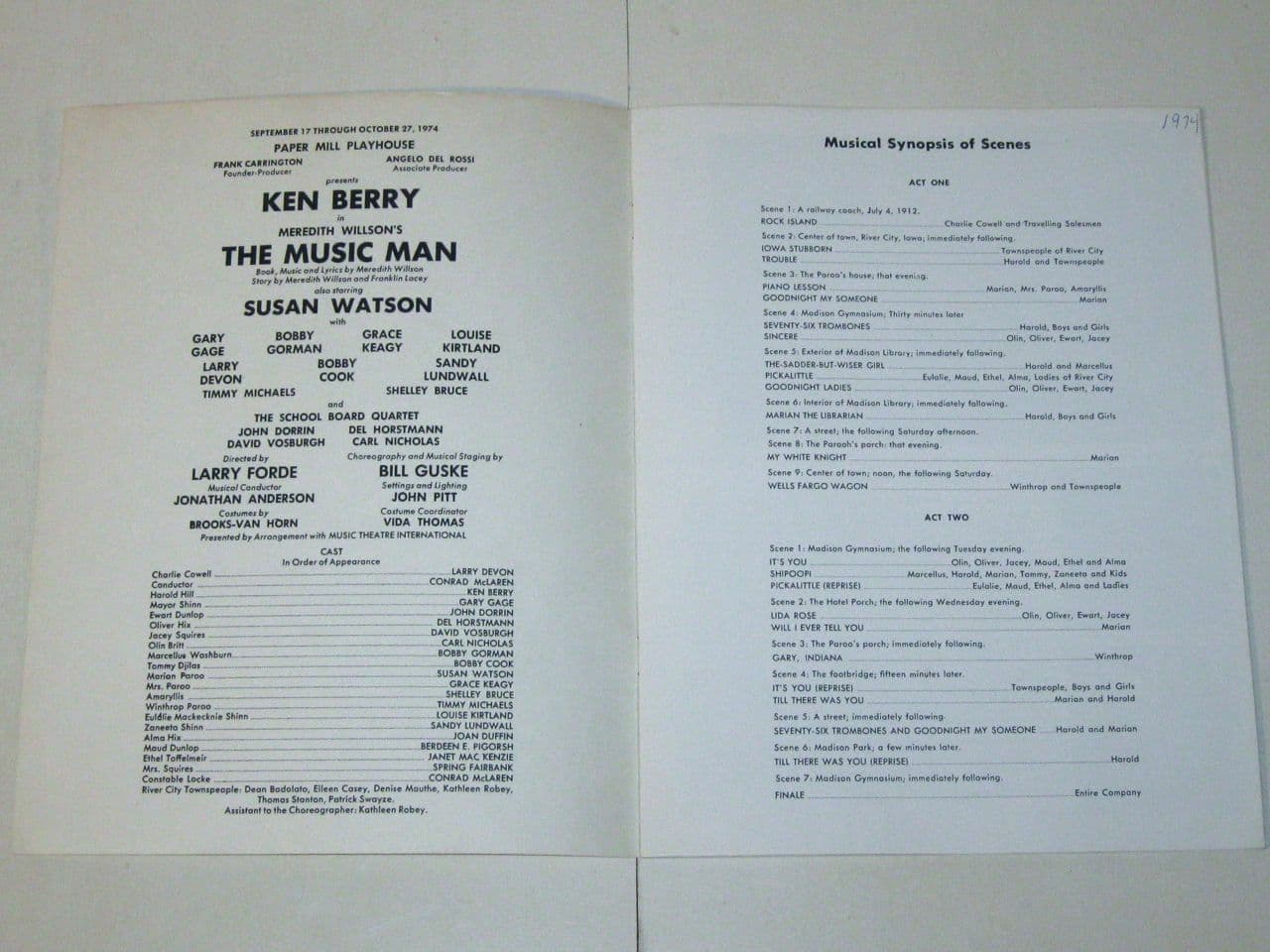 Rare 1974 The MUSIC MAN at Paper Mill Playhouse PROGRAM! Ken BERRY! Susan WATSON 3