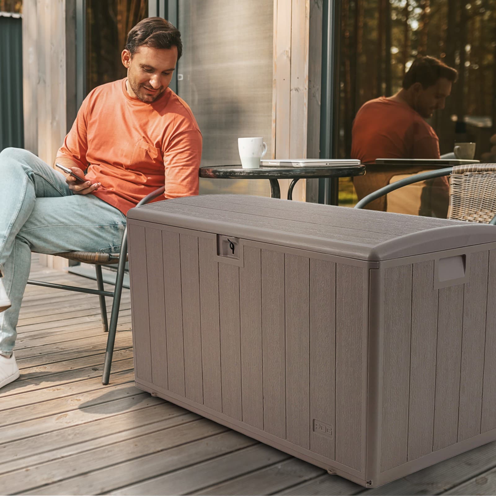 Plastic Development Group 105 Gallon Outdoor Patio Storage Deck Box, Driftwood 5