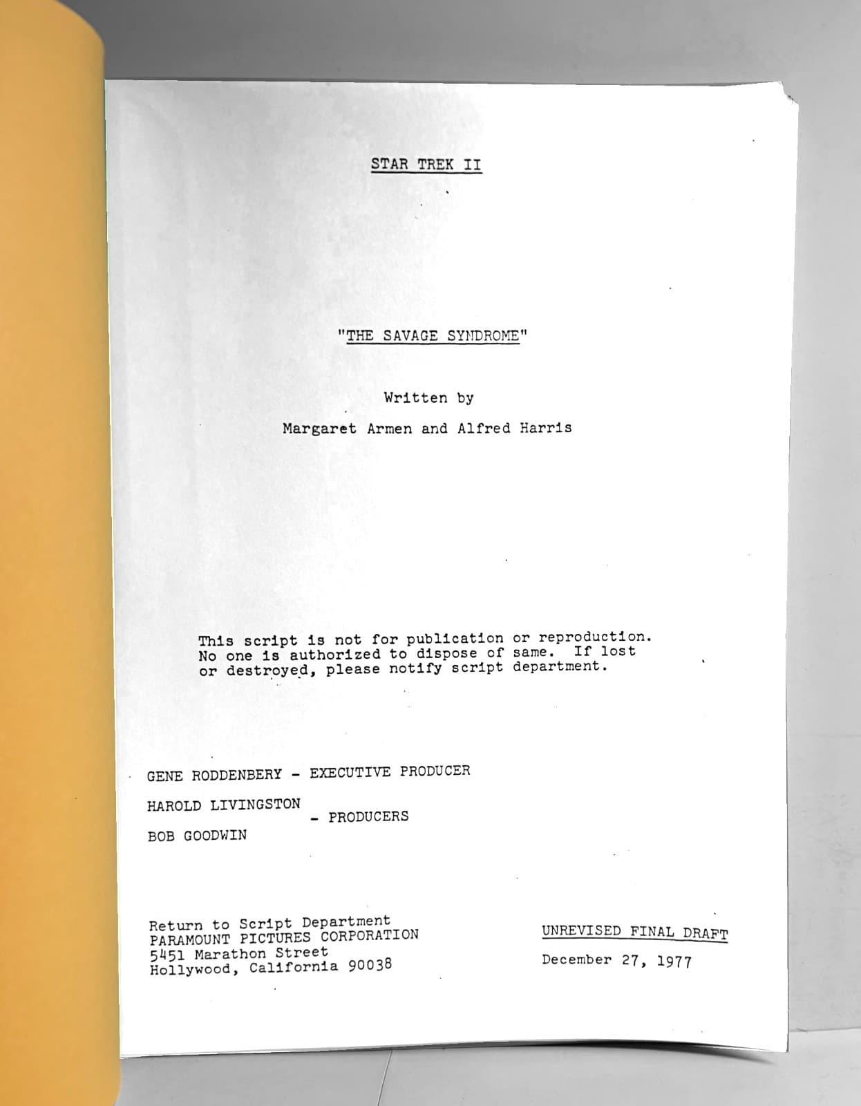 Star Trek Phase II "The Savage Syndrome" Un-produced TV Series Script Dec 1977 3