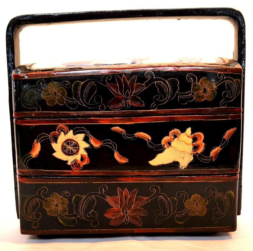 19 C.  Chinese Black Lacquer Porcelain Shard Stacking Lunch Bento Box 2