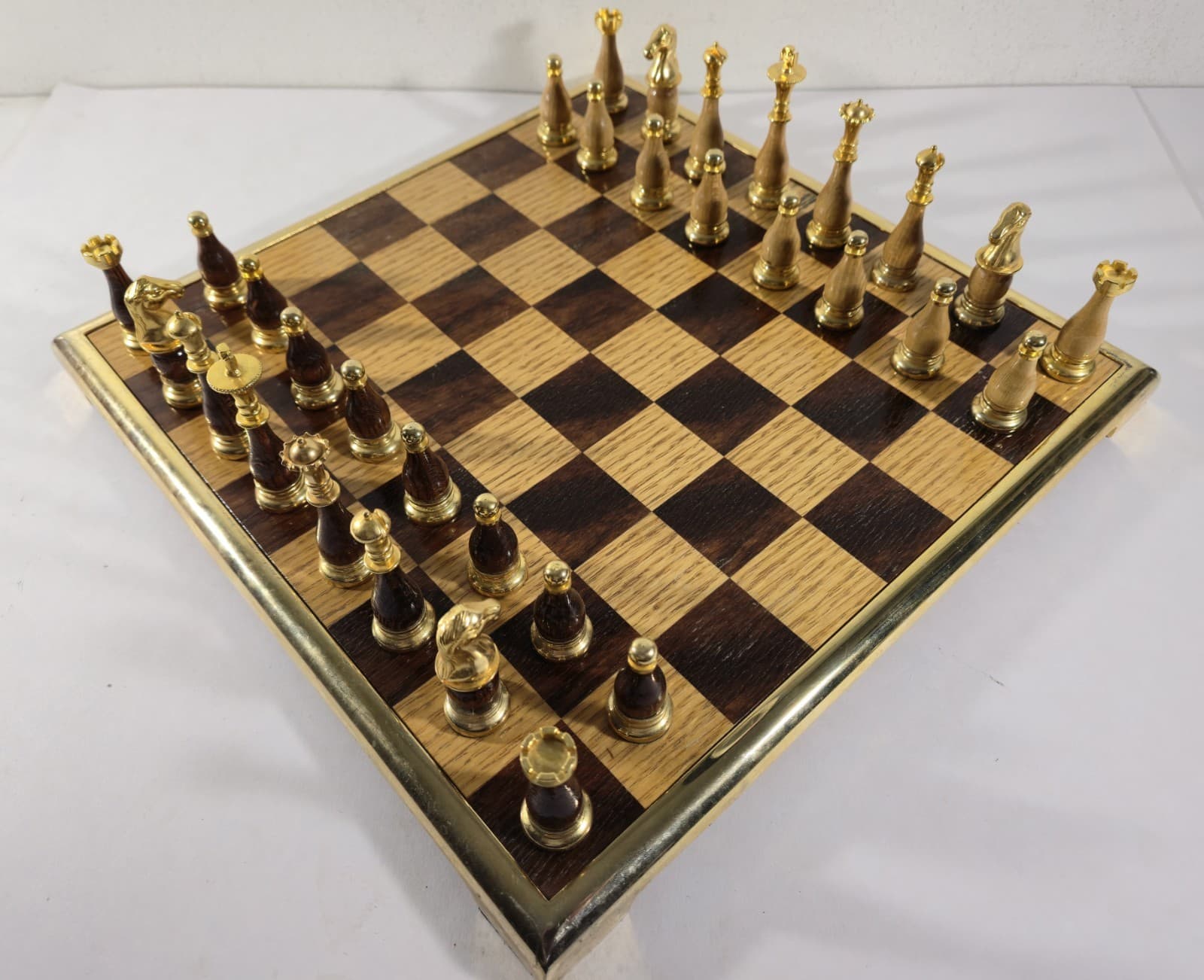 Vintage Oak Gold Plated Chess Set Wood & Metal Weighted Pieces & 15" Board 4