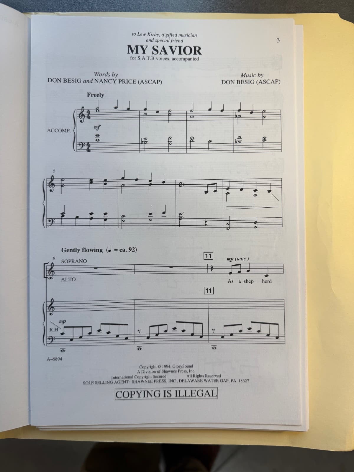 Choral Sheet Music "My Savior" Price/Besig 14 copies/lot 2
