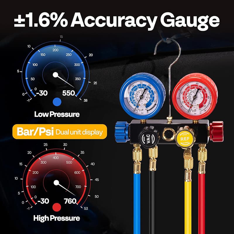 Air Vacuum Pump 1/3 HP 5 CFM & 4 Way Manifold Gauge Set HVAC AC Refrigerant Kit 6