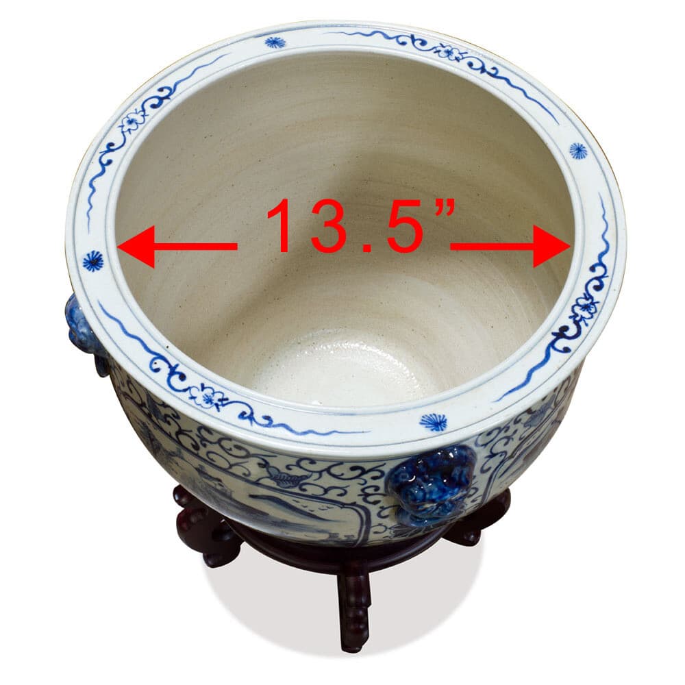US Seller - 16.5 Inch Blue and White Porcelain Scenery Chinese Fishbowl Planter 3