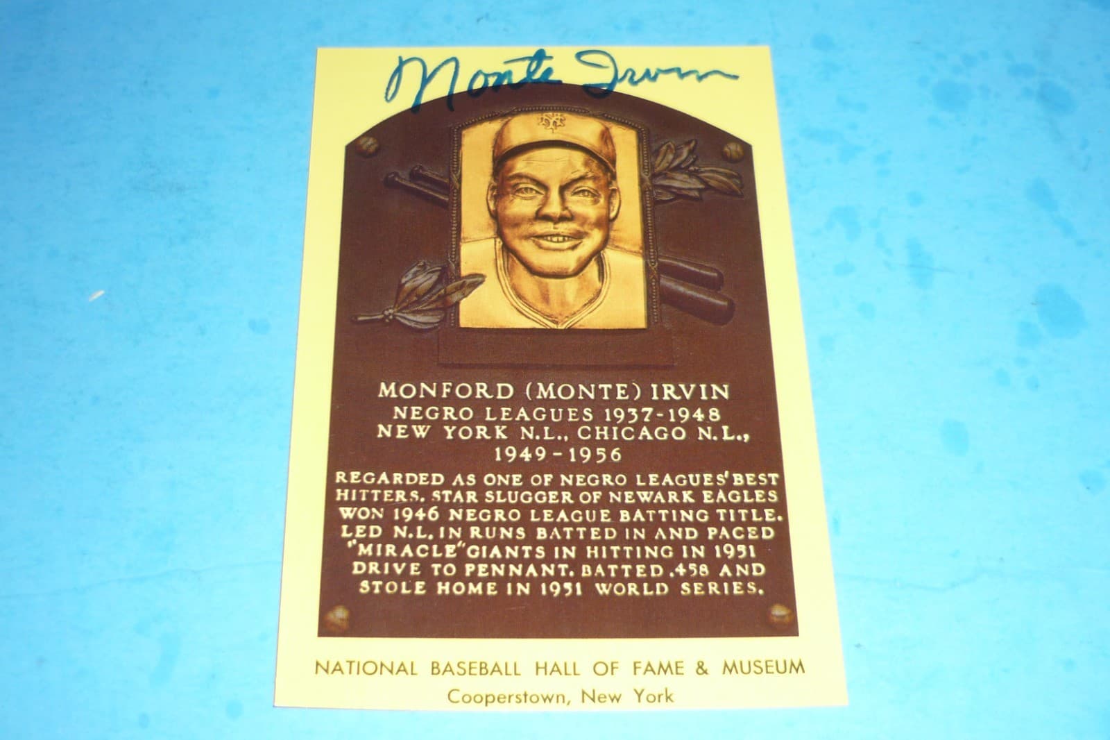 MONTE IRVIN - YELLOW / GOLD BASEBALL HALL OF FAME PLAQUE POSTCARD - SIGNED