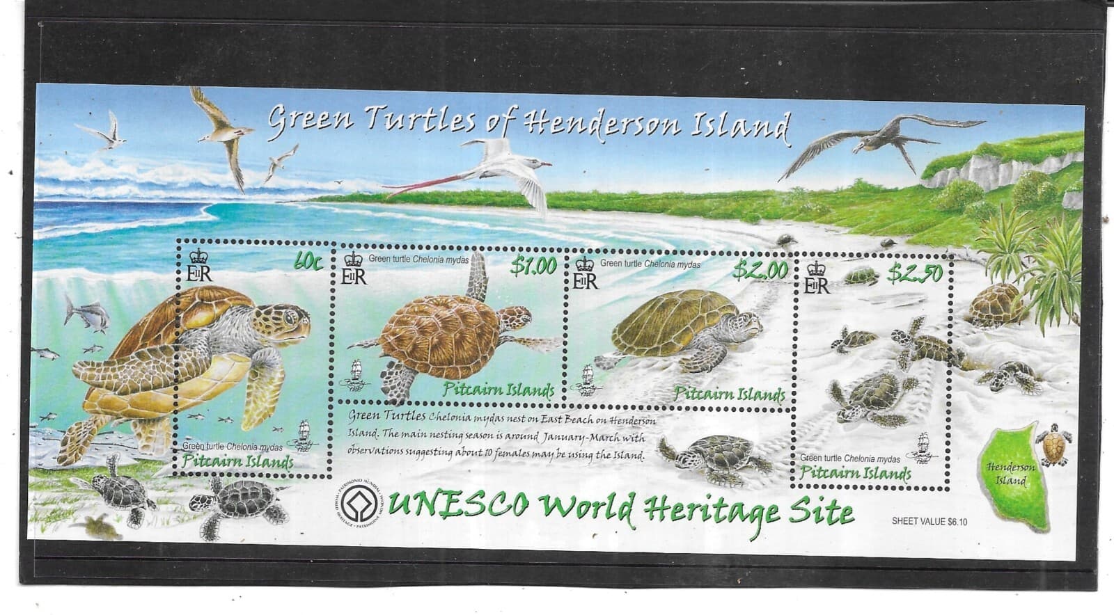 PITCAIRN ISLAND 2008. GREEN TURTLES. MINISHEET. MINT FULL GUM. AS PER SCAN.
