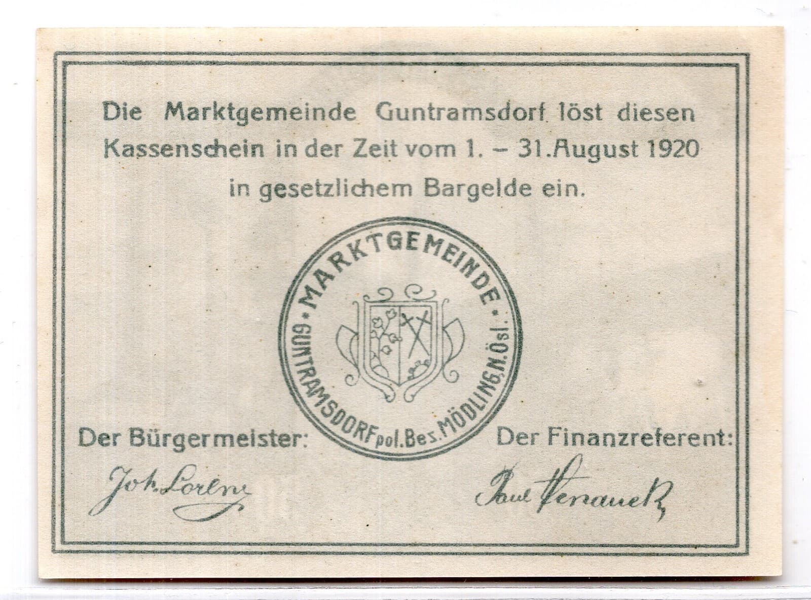 1920 Austria Guntramsdorf Notgeld 50 Heller Note (1132) 2