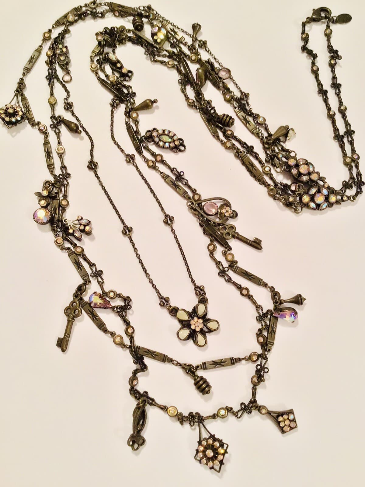 Sorrelli RARE Long 3 Strand Keys Flowers Charms Pastel Crystal Necklace Fabulous 2