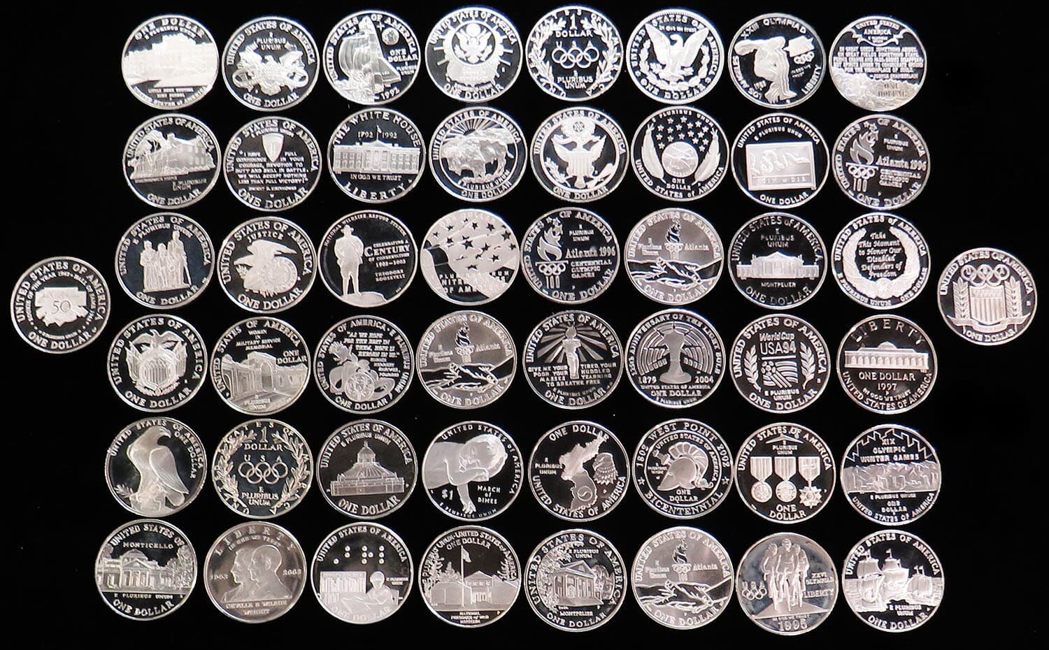 (50) DIFFERENT SILVER $1 USA GEM PROOF (37+ozs) COMMEMORATIVE COINS 2