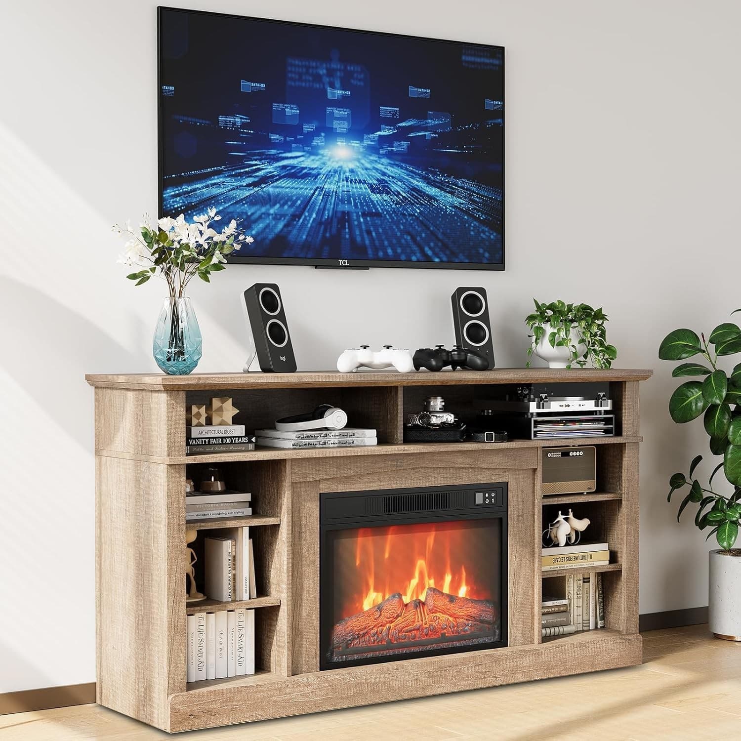 Electric Fireplace TV Stand 58 Inch with 23 Inch Wick Remote 1400W Heater 2