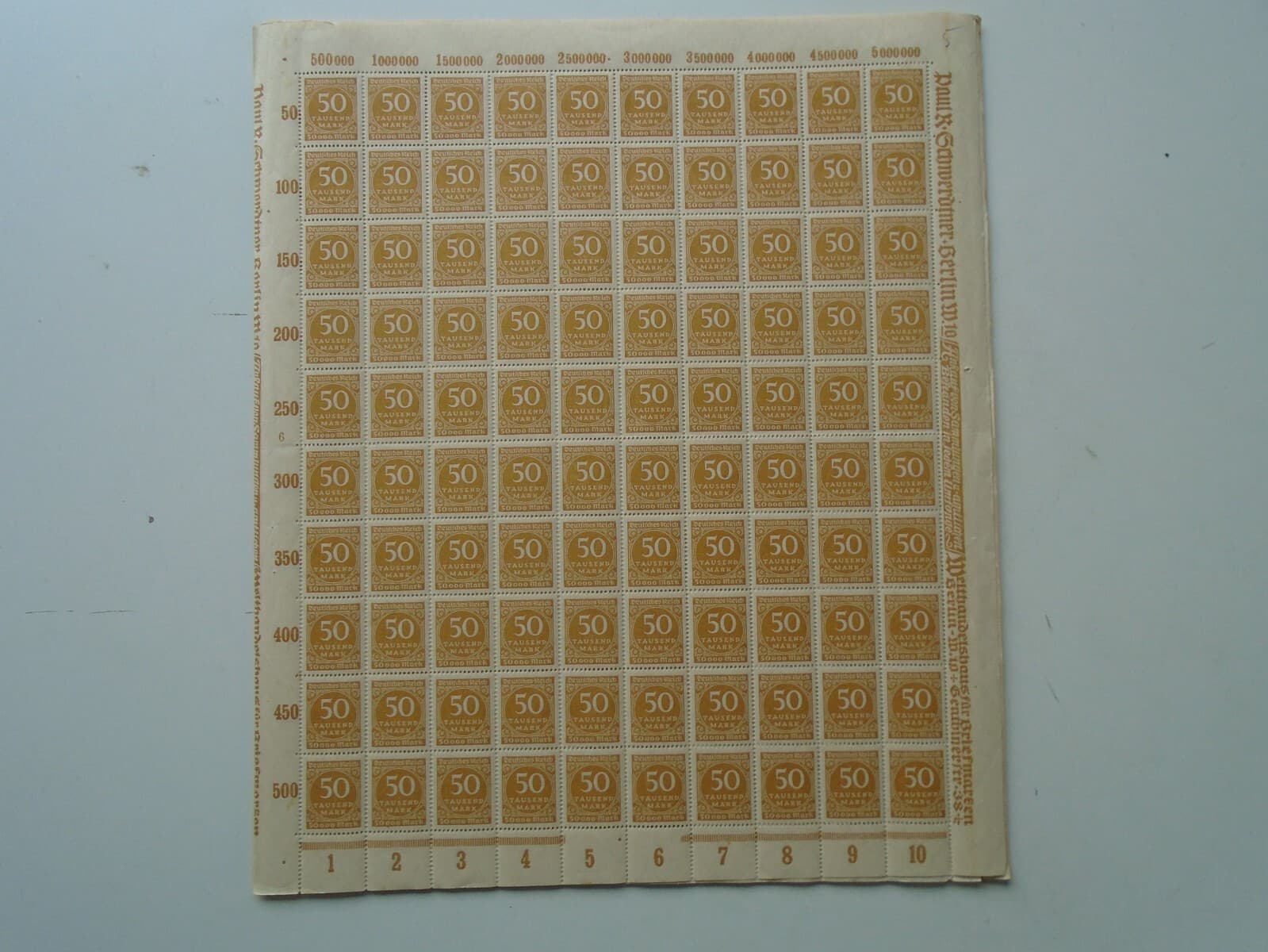 Germany - SG313 50T DM 1923 yellow bistre. 10 x complete sheets of 100 stamps. 5