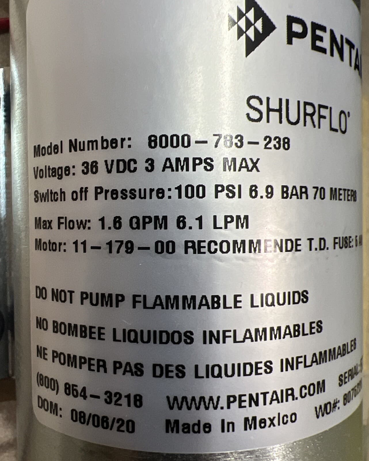 Pentair Shurflo 8000-783-238 Fluid Pump 36V 3 Amp 1.6 GPM 100 PSI  NEW 11-179-00 2