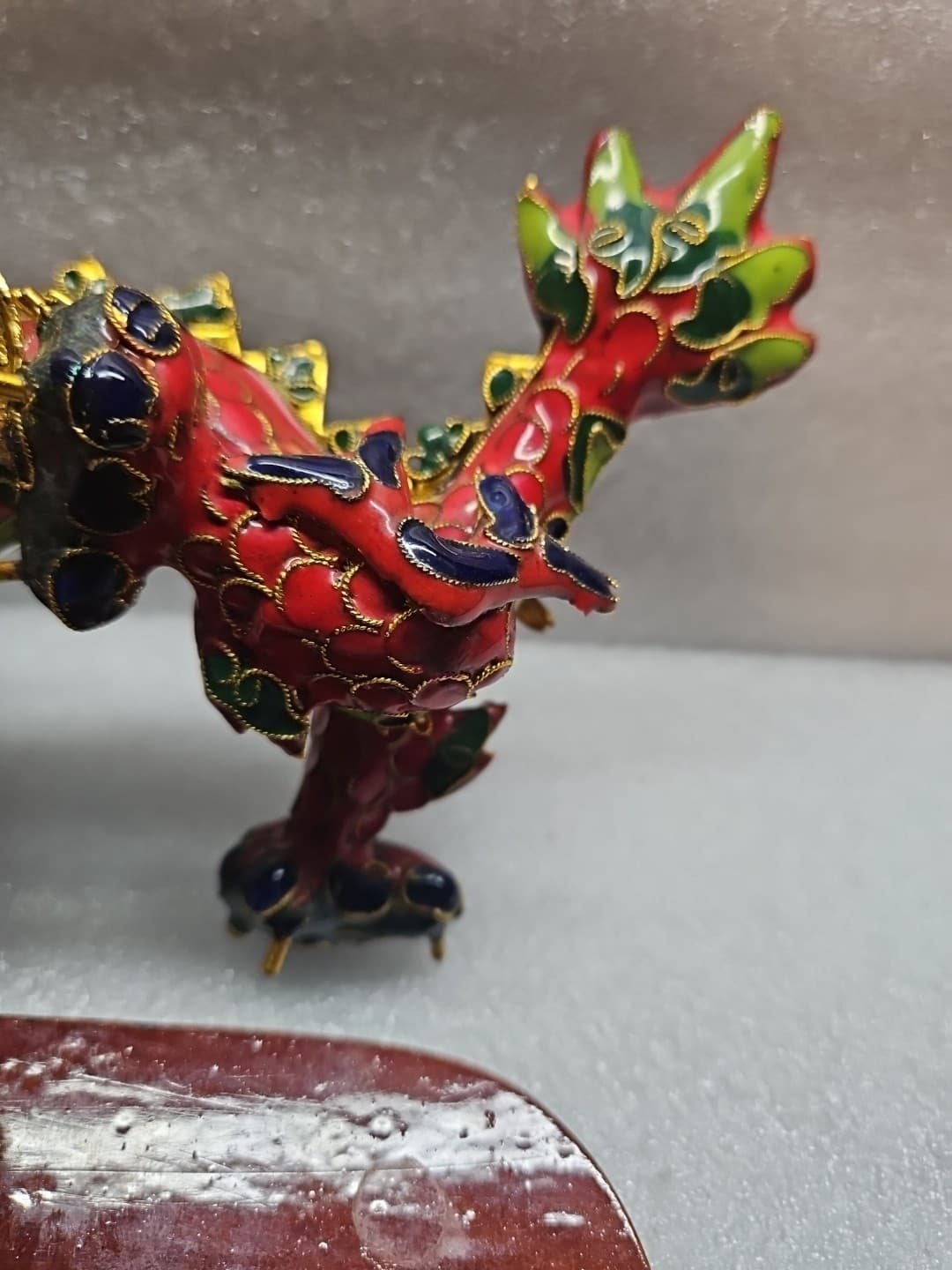 Cloisonne Chinese Dragon holding Gold Filigree Ball. Red,Gold,Green With Stand. 6