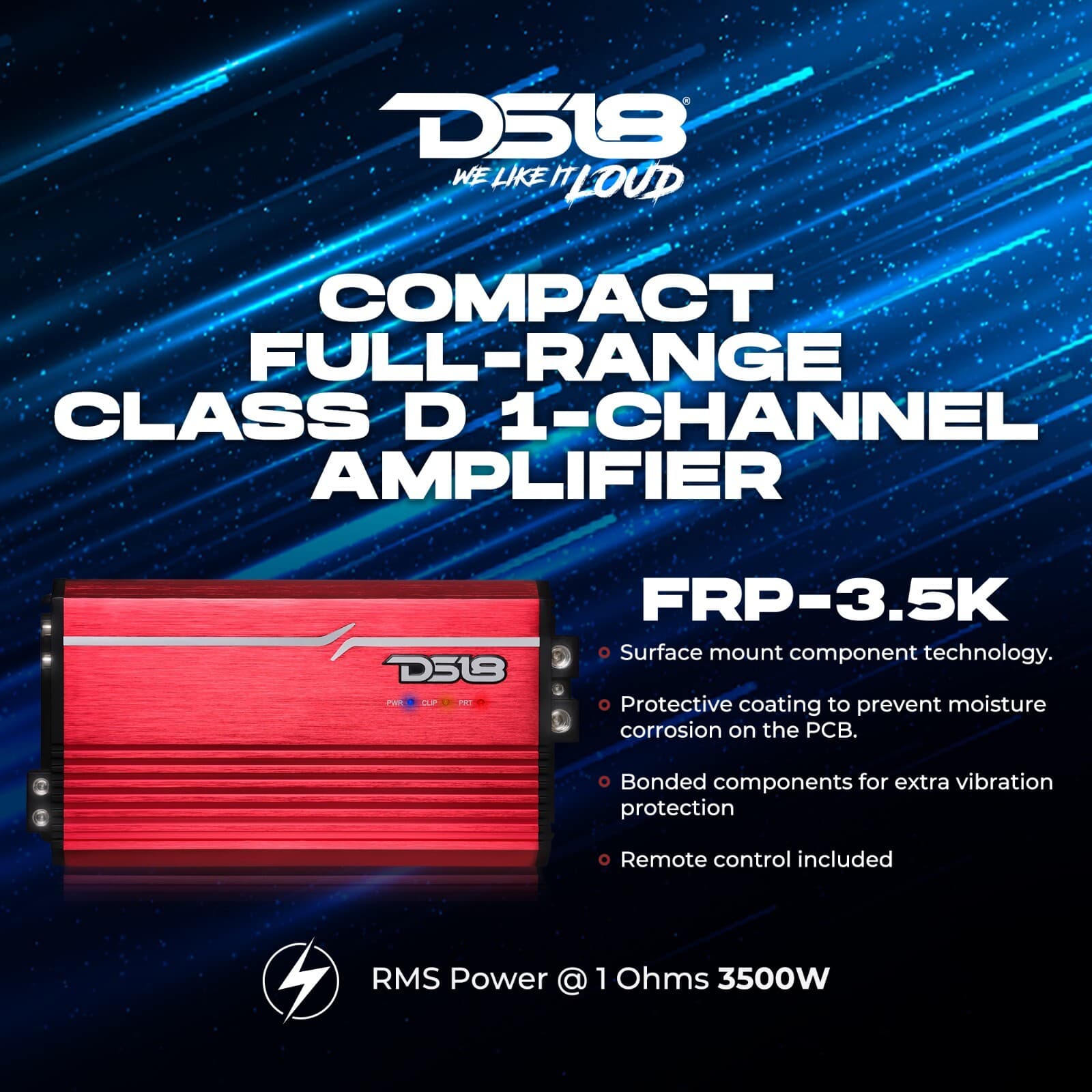 DS18 FRP-3.5K/RD 1-Channel Amplifier Full-Range Class D 3500W RMS @ 1-ohm 3