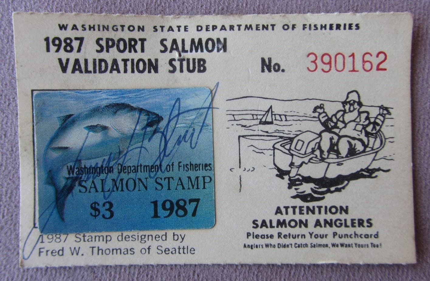 Lot of 3 Sport Salmon Validation Stub Licenses Fishing Stamps 1978 1981 1987 WA 3