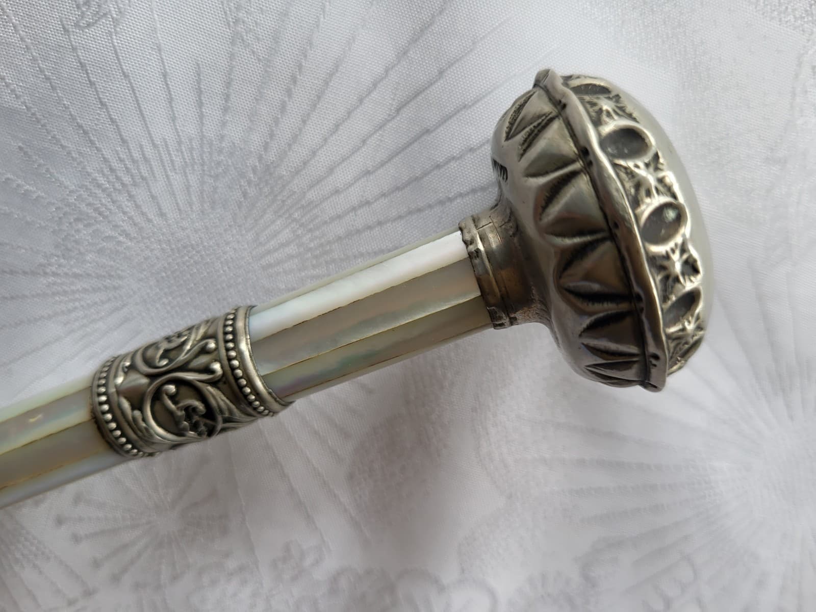 Antique Victorian German Silver Umbrella Parasol Cane Handle w Mother Of Pearl 2