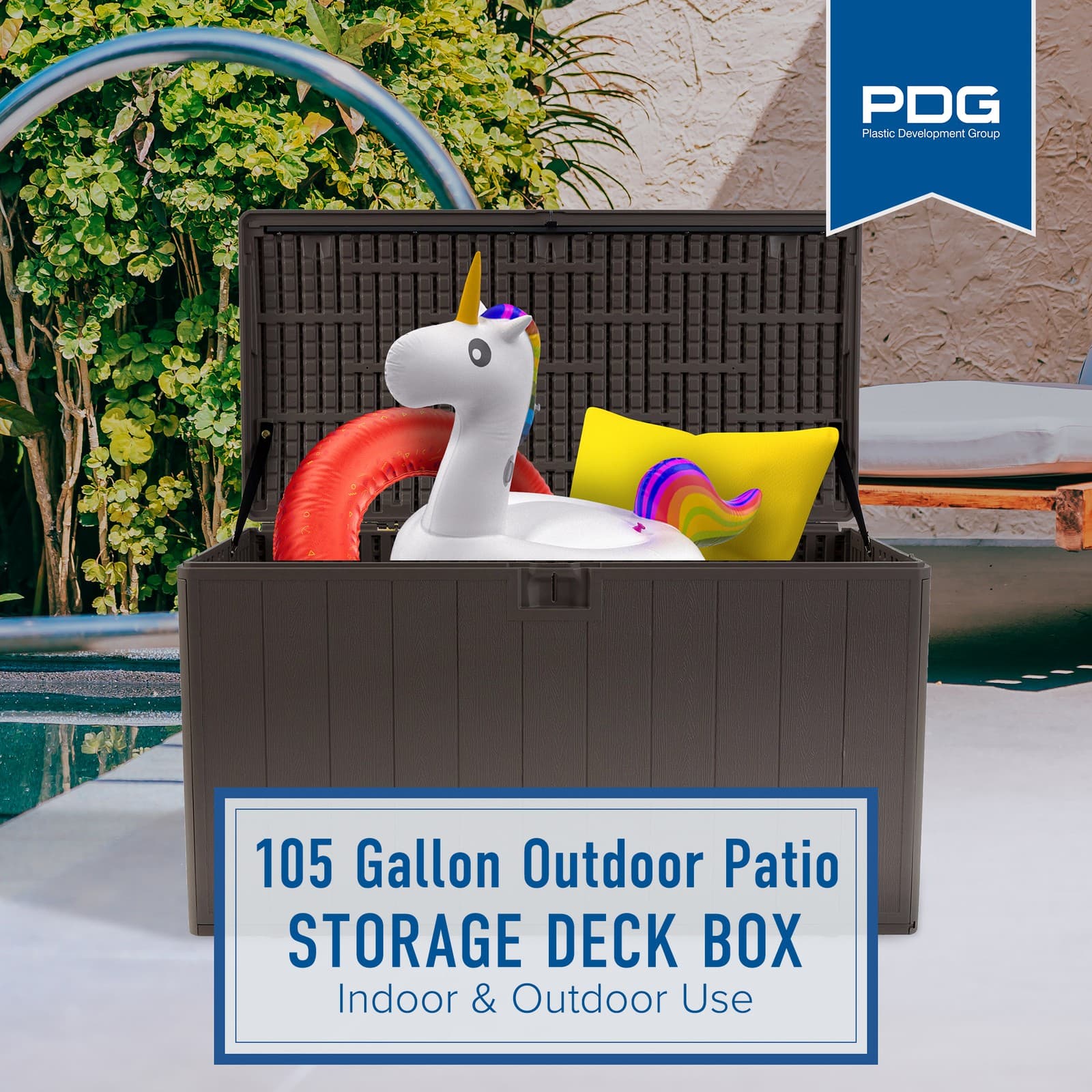 Plastic Development Group 105 Gallon Outdoor Patio Storage Deck Box, Driftwood 4