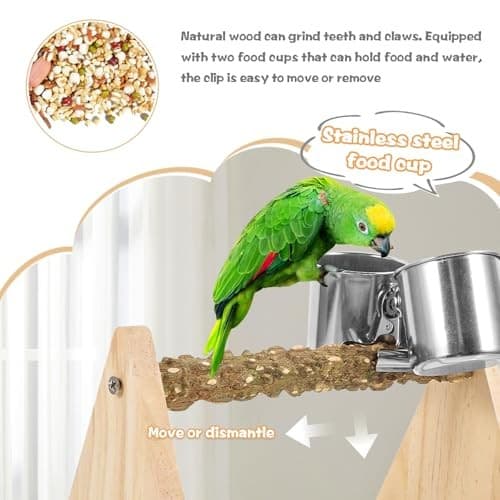 Parrot Play Wood Stand with Feeder Cups, Bird Grinding Perch Bird Perch Stand 5