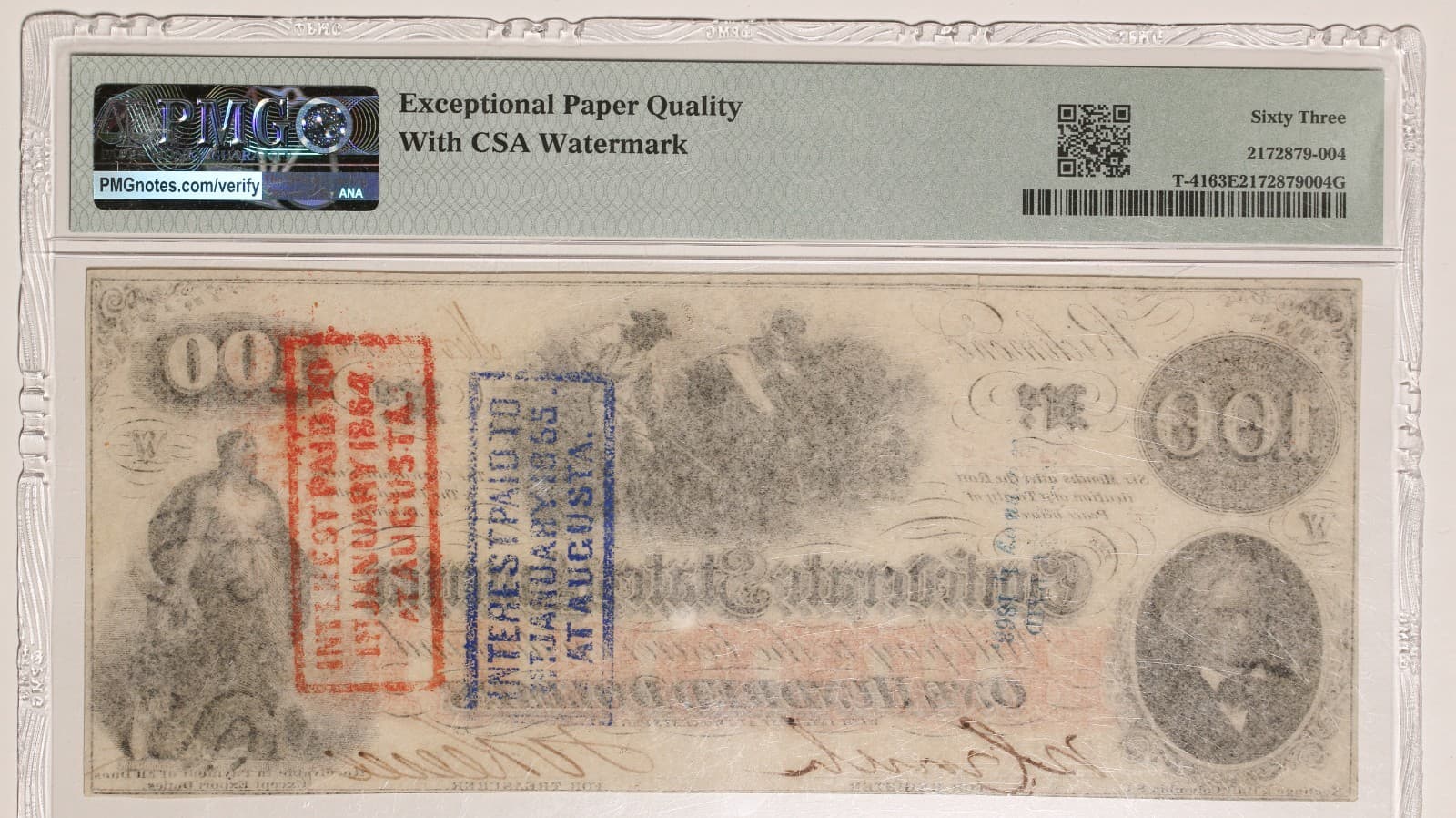 1862-63 $100 PMG 63EPQ Confederate States of America T-41 Item#P21266 2