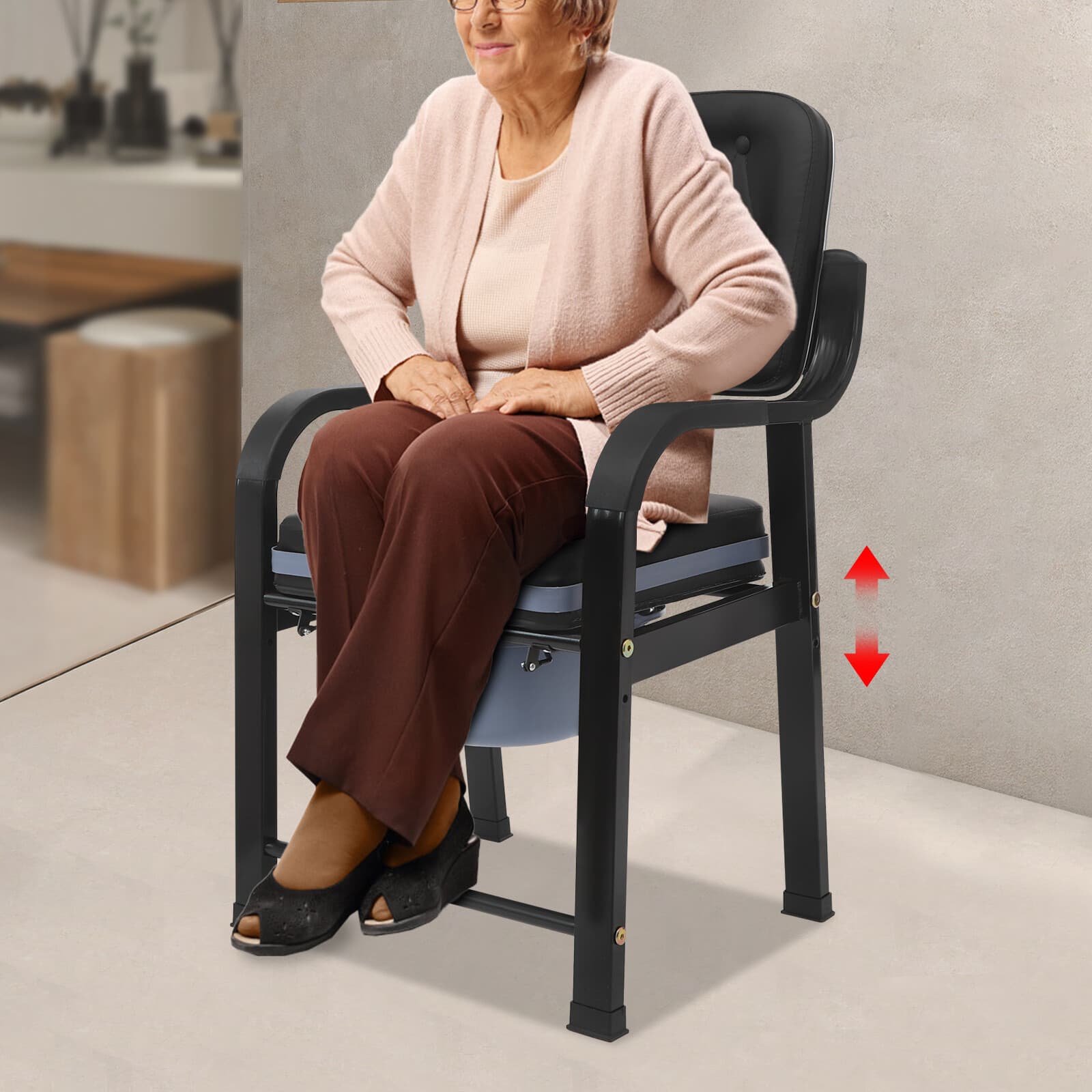 Bedside Toilet Chair w/28cm Bucket - 550lbs Capacity Floorstanding for Elderly 4