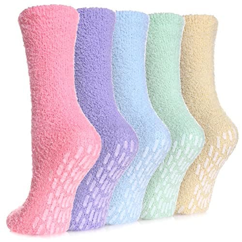 Slipper Socks for Women Cozy Hospital Socks Soft Fluffy 5 Pairs Mix Rainbow