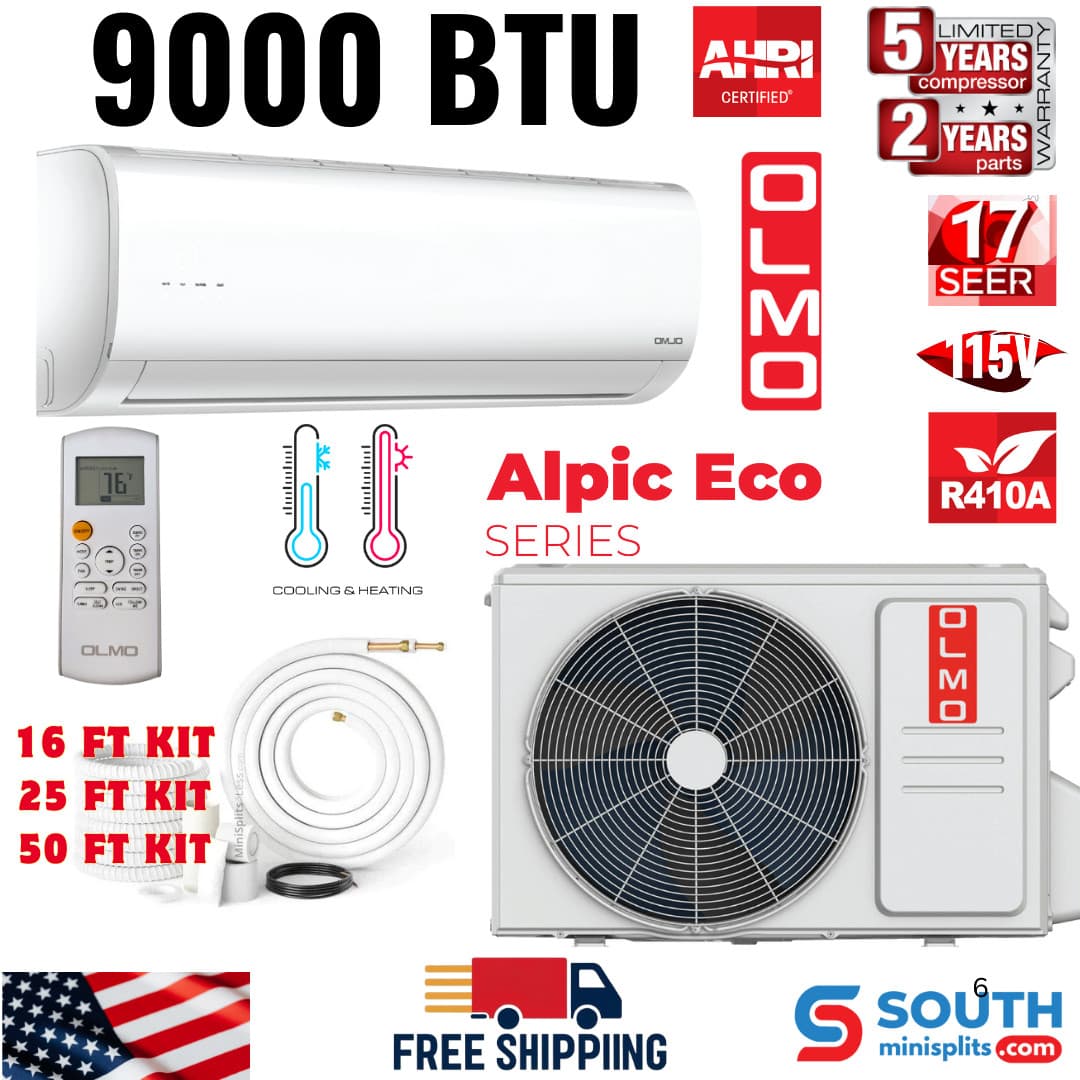 OLMO Alpic Eco Series 9,000 BTU 0.75 Ton 17 SEER Mini Split AC & Heat Pump, 115V