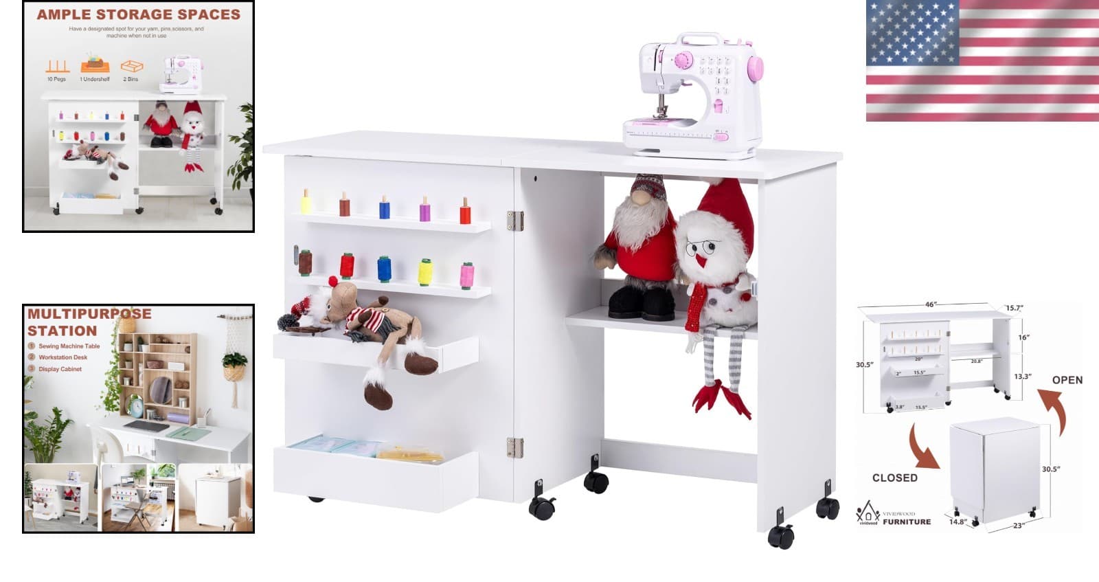 Multipurpose Sewing Machine Table - Space-Saving with Wheels and Magnetic Locks 2