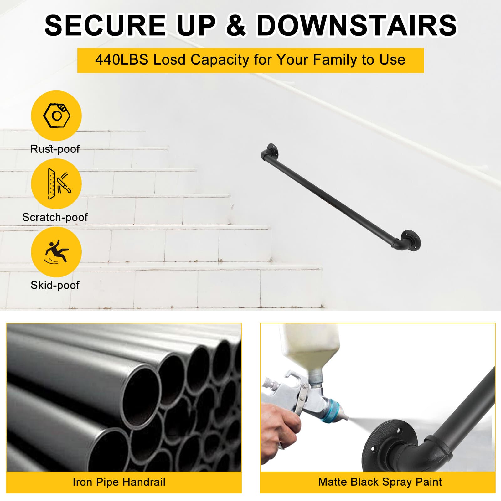 3 FT Iron Handrail for Steps Stair Railing Hand Rail Kit Black Outdoor Indoor