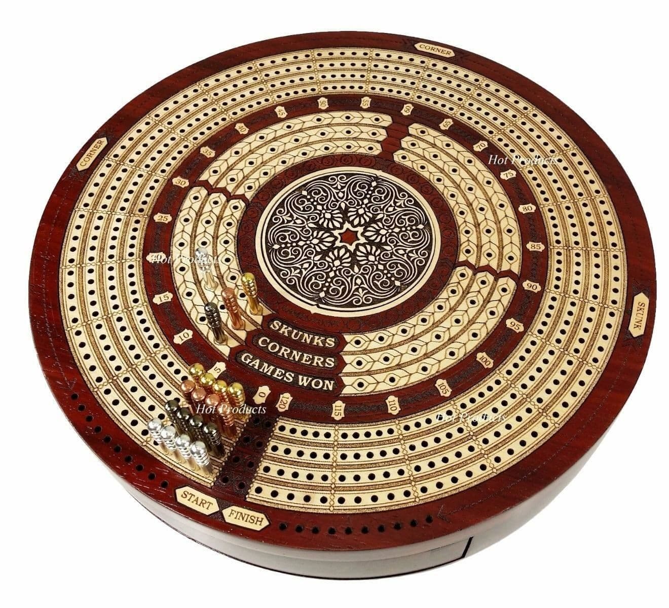 4 TRACK ROUND Continuous Cribbage Board Metal Pegs BLOODWOOD Skunks & Corners 6