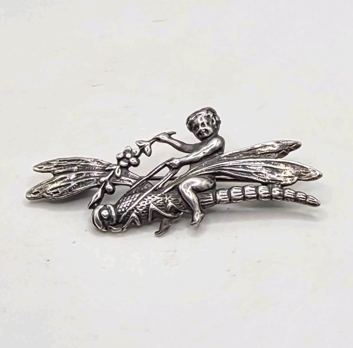 Sterling Silver 925 Art Nouveau Style Fairy Cherub Dragonfly 1.75" Brooch Pin