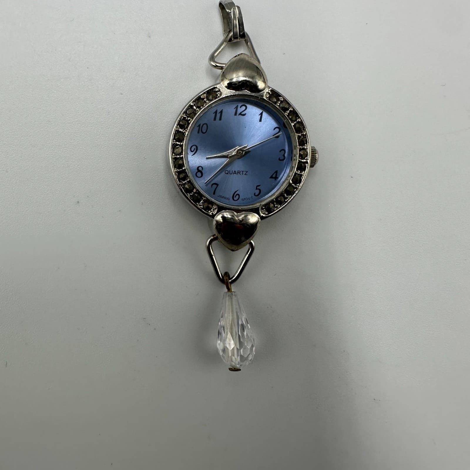 Watch Pendant Women Silver Tone Blue Dial Heart Accents Crystal Drop Works 4