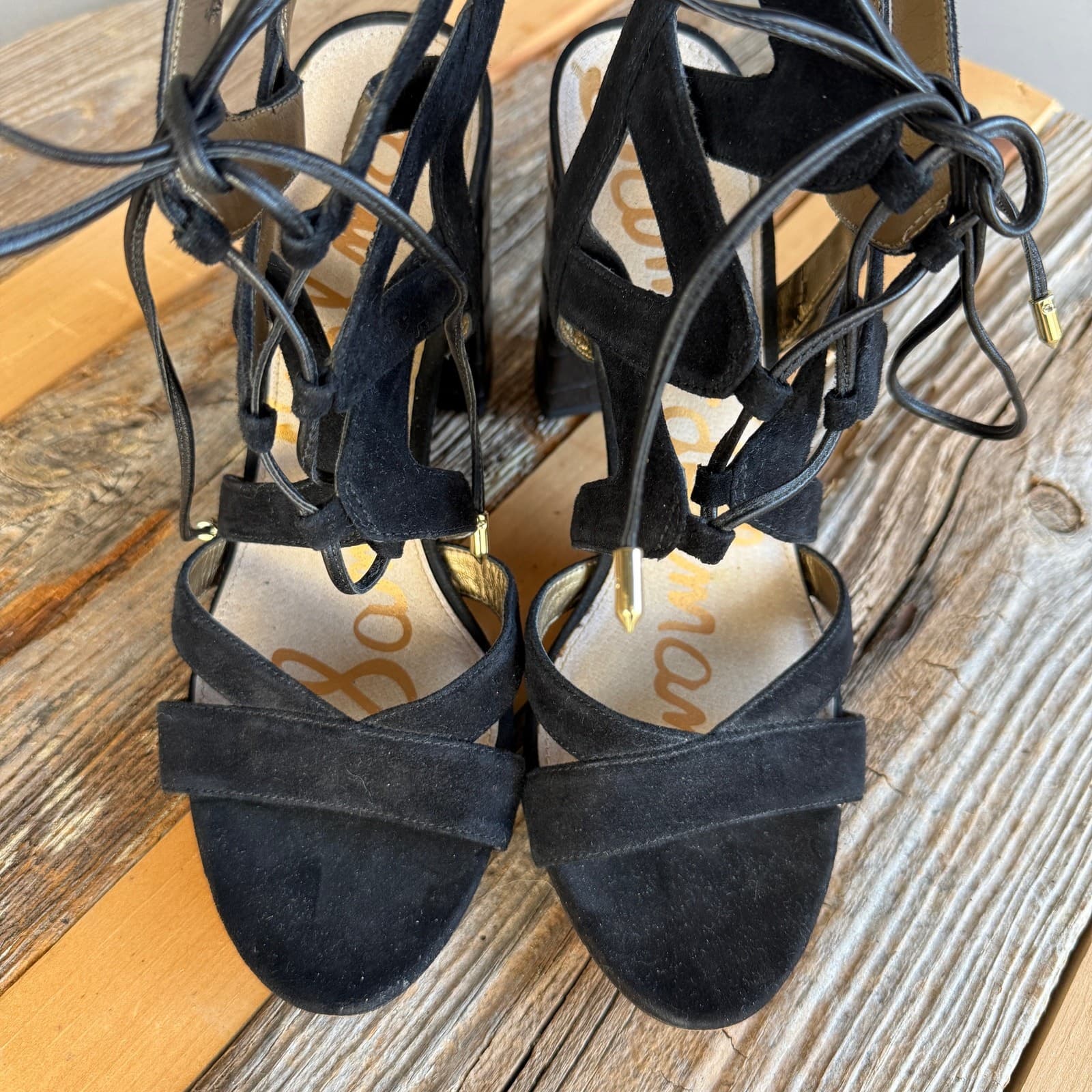 Sam Edelman Yardley black suede strappy heeled sandals - lace up - size 9.5 3