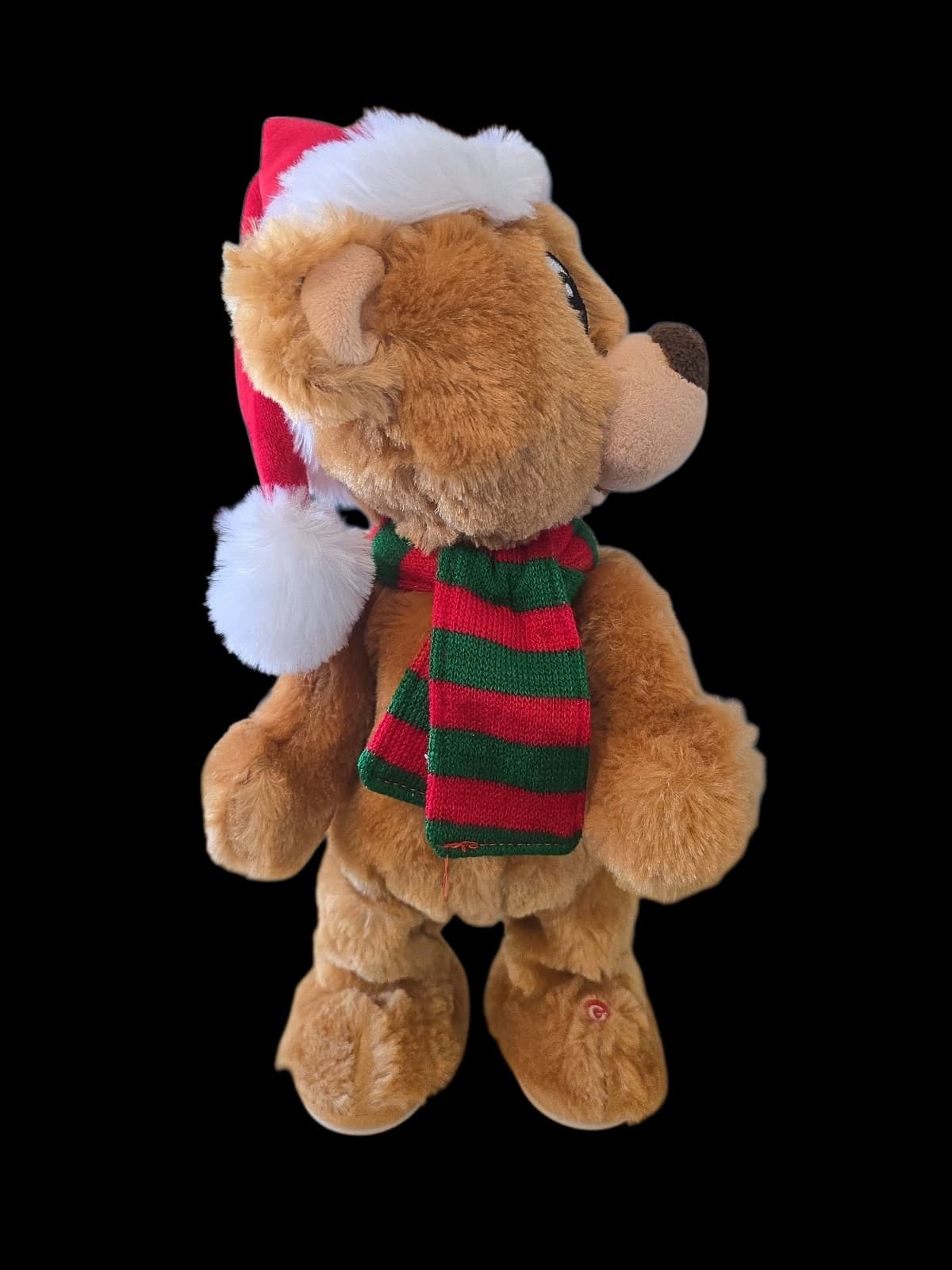 Gemmy Singing Dancing Xmas Bear With Stripped Scarf And Santa Hat 13.5" WORKS