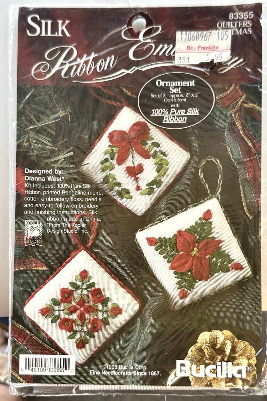 SILK Ribbon Embroidery Ornament Kit 83355 Quilters Christmas  Makes 3 - New