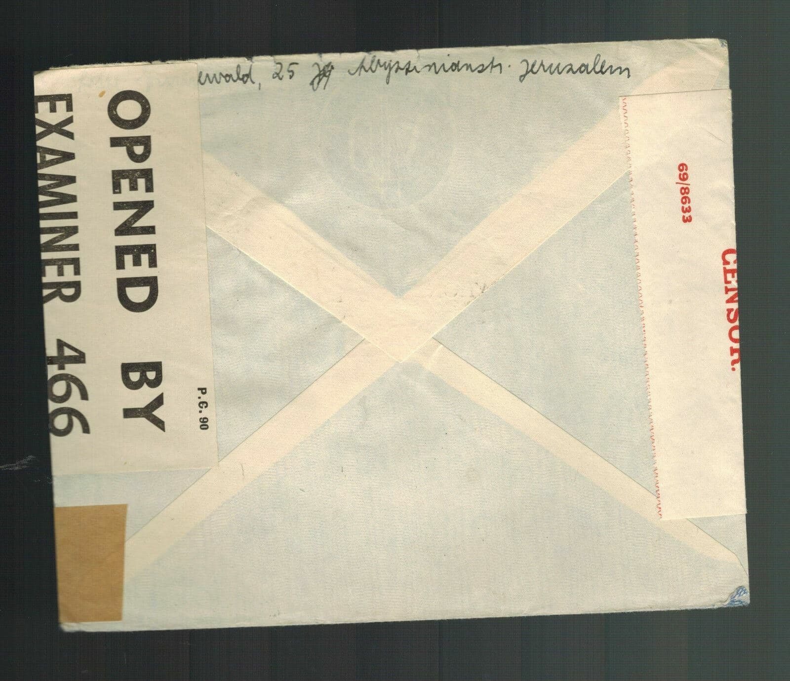 1940 Jerusalem Palestine cover to Red Cross Geneva Switzerland Dual Censored 2