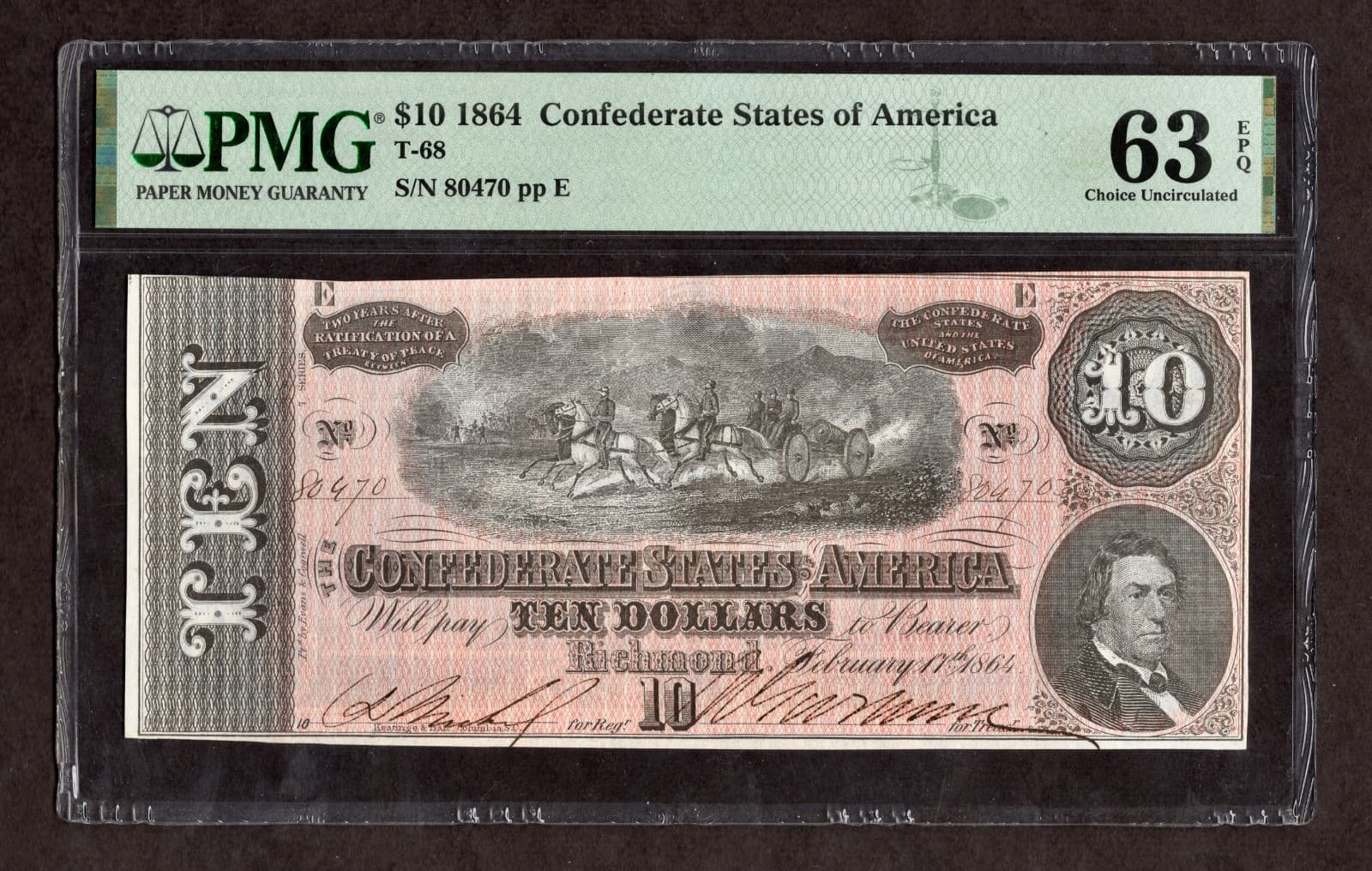 1864 $10 T-68 Confederate States of America Note - PMG 63 EPQ