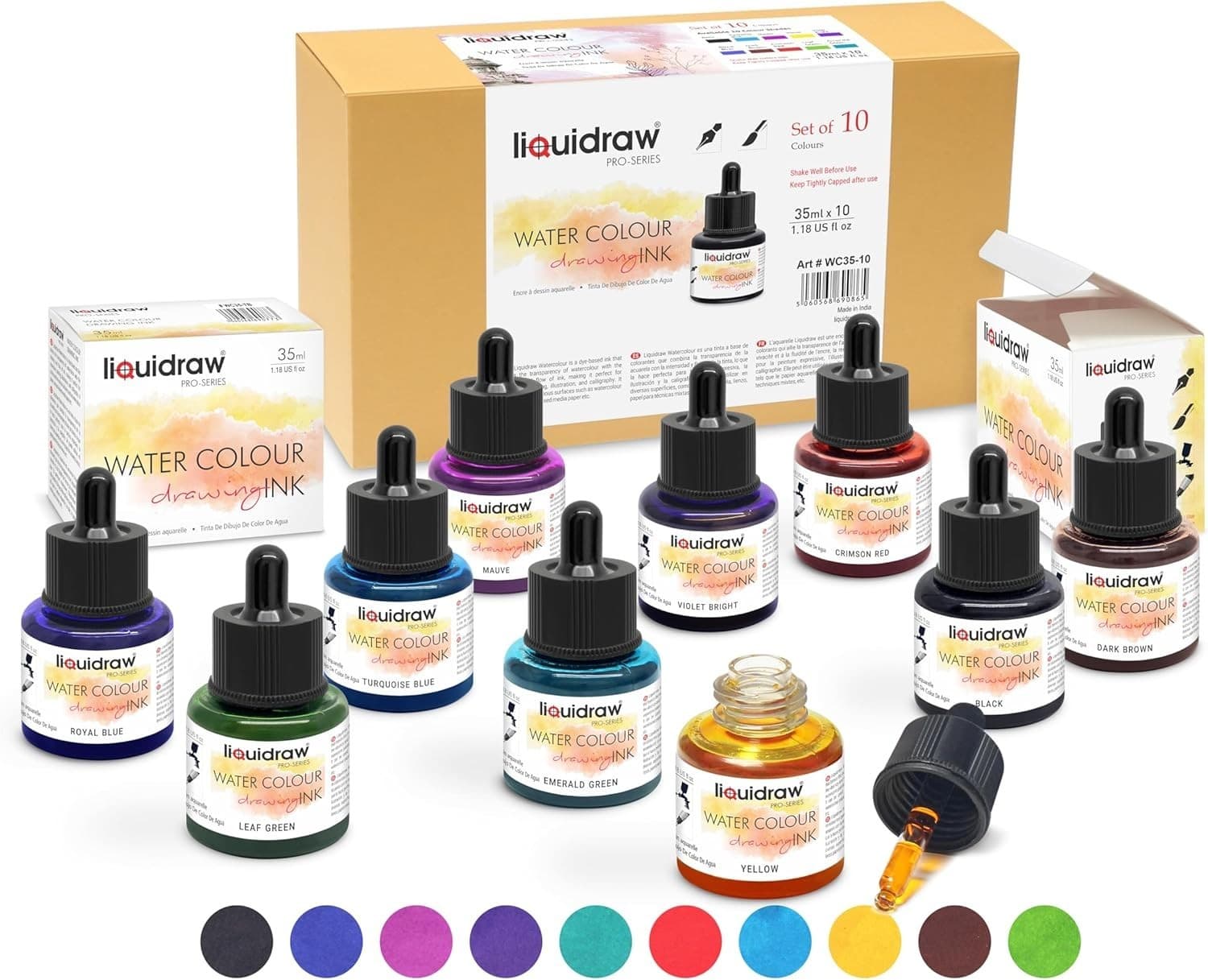 Liquidraw Watercolour Drawing Ink Set of 10 Assorted Colours | 35ml with Dropper 3