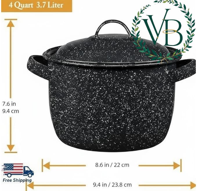 Granite Bean Pot with lid Ware Enamel on Steel Speckled Black 4-Quart 3.7 Liter 2