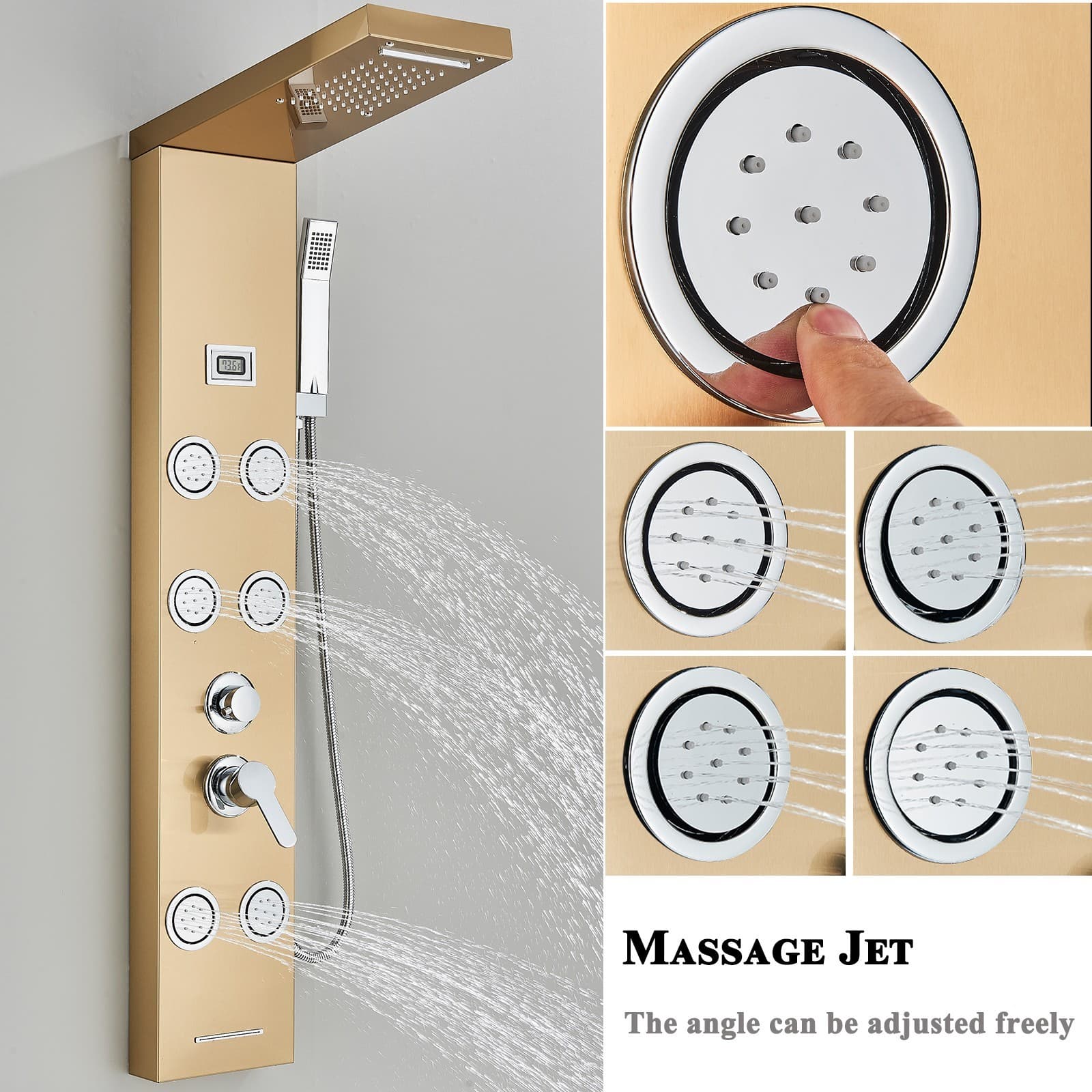Brushed Gold Rain Waterfall Shower Panel Tower System Body Massage Jets Faucet 4